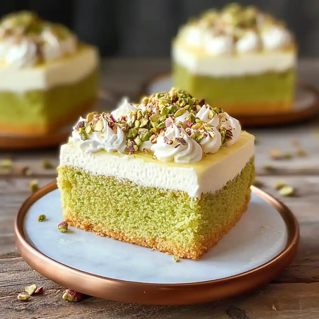 Slice of pistachio tres leches cake topped with whipped cream and crushed pistachios