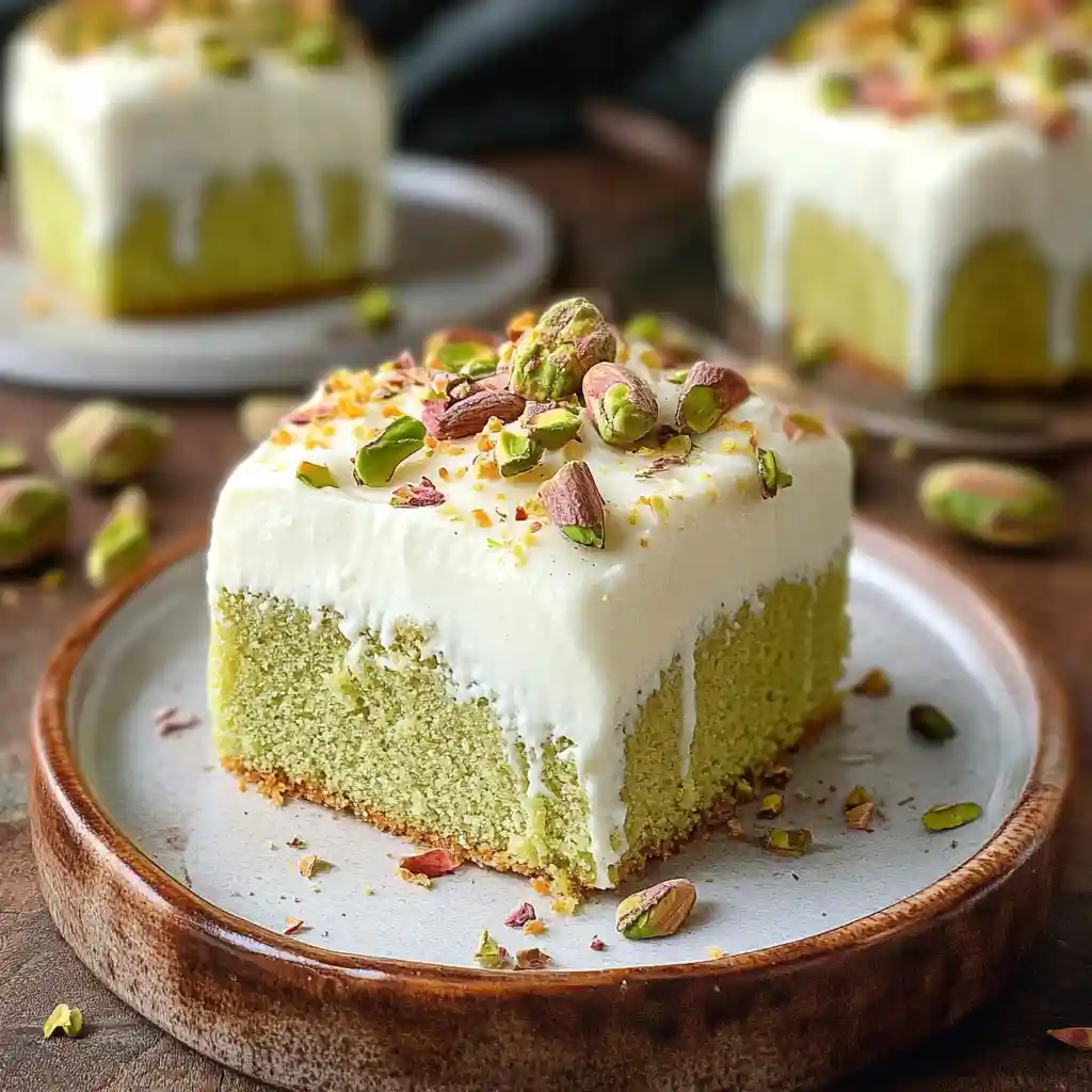 Homemade pistachio tres leches cake served on a white plate, garnished with whole pistachios
