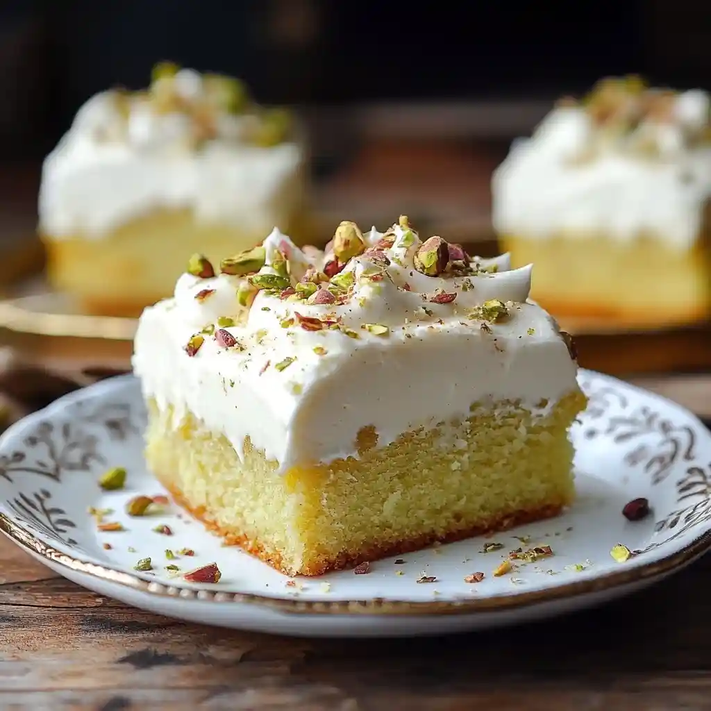 Pistachio tres leches cake topped with crushed pistachios and dried rose petals