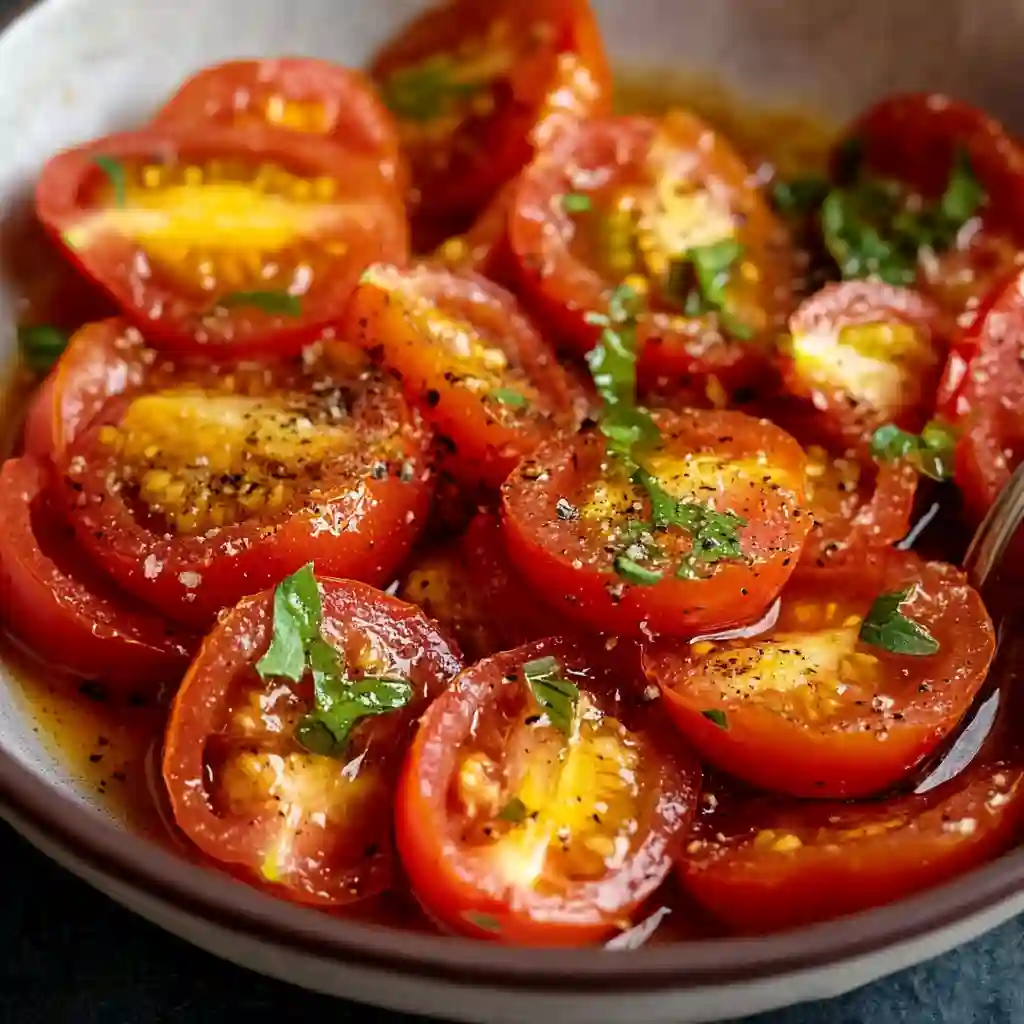 ven-roasted Roma tomato seasoned with herbs on a baking sheet.