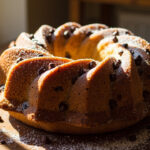 A golden-brown chocolate chip Bundt cake with a drizzle of chocolate glaze and scattered chocolate chips, sliced to reveal a soft, moist interior.