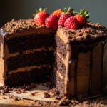Whole chocolate cake from Whole Foods in branded bakery box.