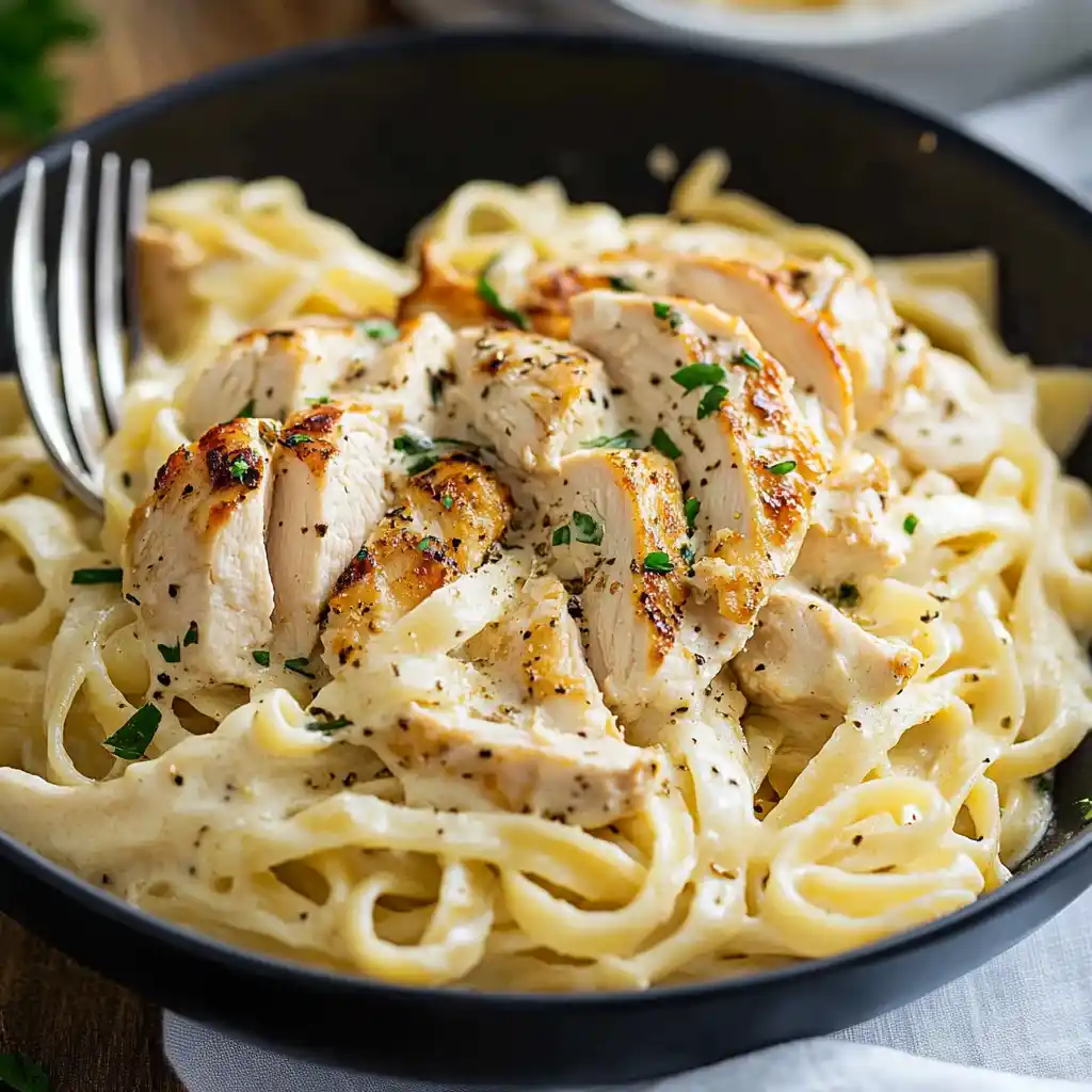 Plate of creamy chicken Alfredo with parsley on top, with Love Meghan Recipes