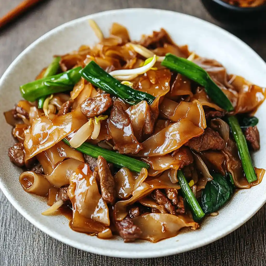 Chow fun meal with chopsticks and iced tea on a lunch table