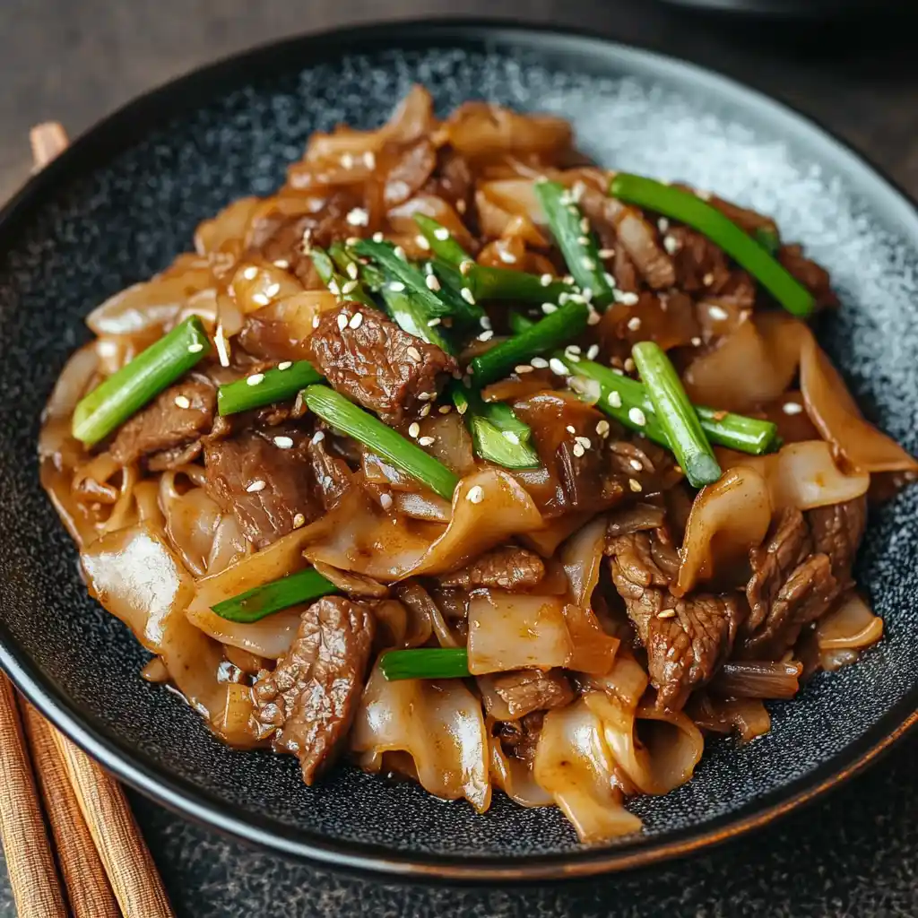 Beef chow fun noodles served on a white plate with chopsticks