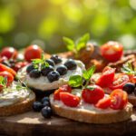 Red, white, and blue Caprese skewers with tomatoes, mozzarella, and blueberries
