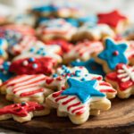 Red, white, and blue star-shaped cookies for Fourth of July